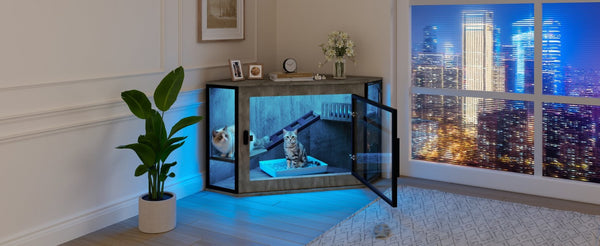 English Elm 48" Corner Mdf Cat Litter Enclosure Cabinet with Led Acrylic Door and Play Loft Grey N704P402446E