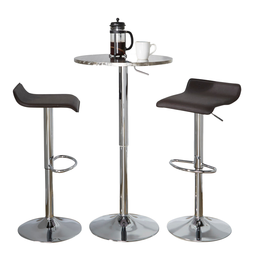 English Elm Bistro Adjustable Round-Ale 3-Piece Bar Set by LumiSource — Silver Chrome Table, Brown PVC Stools, Modern Comfort B202S01512
