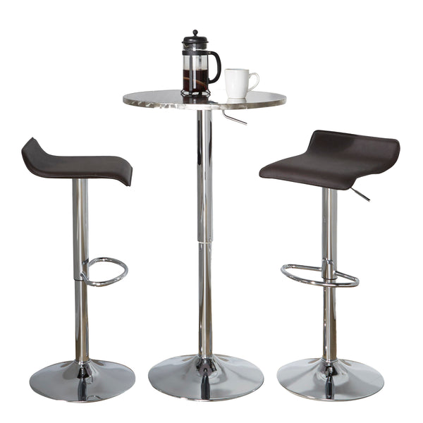 English Elm Bistro Adjustable Round-Ale 3-Piece Bar Set by LumiSource — Silver Chrome Table, Brown PVC Stools, Modern Comfort B202S01512