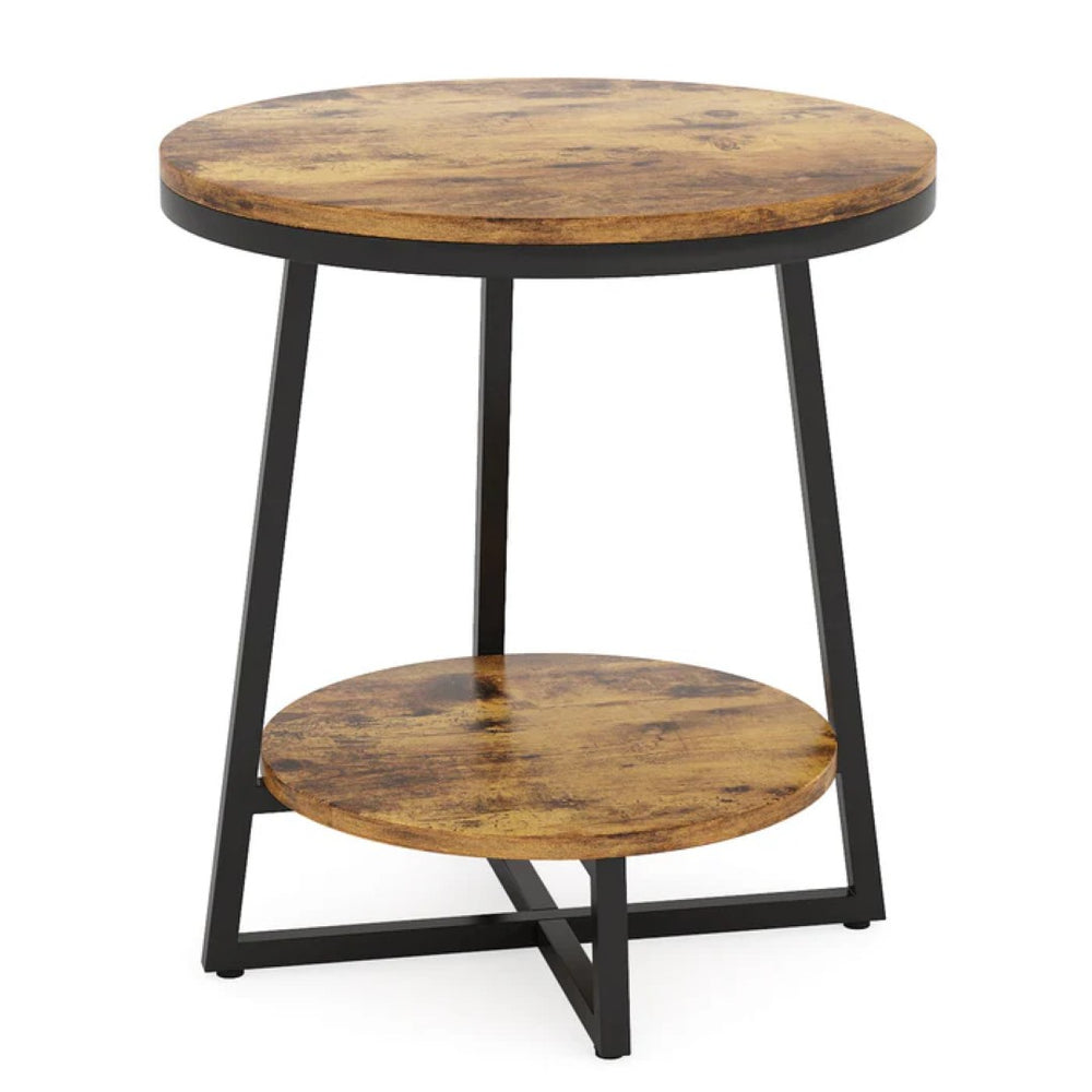 English Elm Chic Two-tier Round End Table with Metal Frame and Open Shelf for Living Room T3971P448302