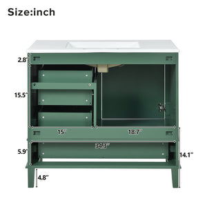 English Elm 36" Green Bathroom Vanity Solid Pine Frame with Soft-Close Door, 3 Varied Drawers & Ceramic Top N729P211167F
