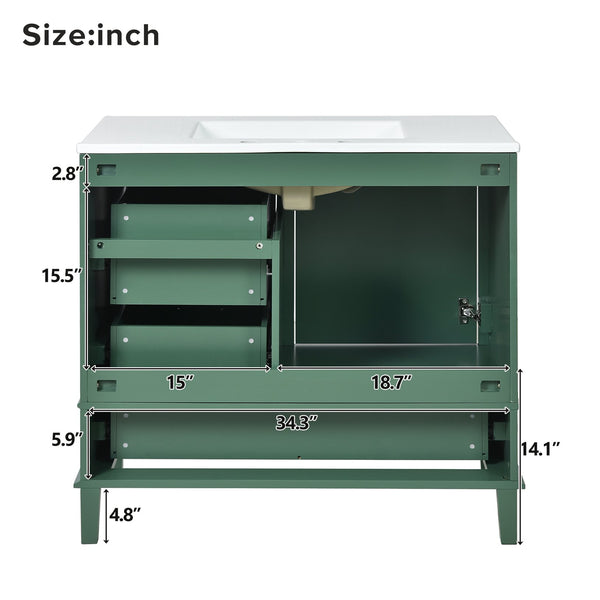 English Elm 36" Green Bathroom Vanity Solid Pine Frame with Soft-Close Door, 3 Varied Drawers & Ceramic Top N729P211167F