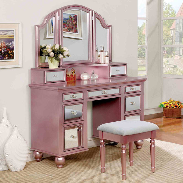 English Elm Transitional Glam Mirrored Vanity with Padded Stool, Spacious Drawers, Central Mirror for Prep and Storage Rose Gold 51 L x 21 W x 30 H B2741P400805