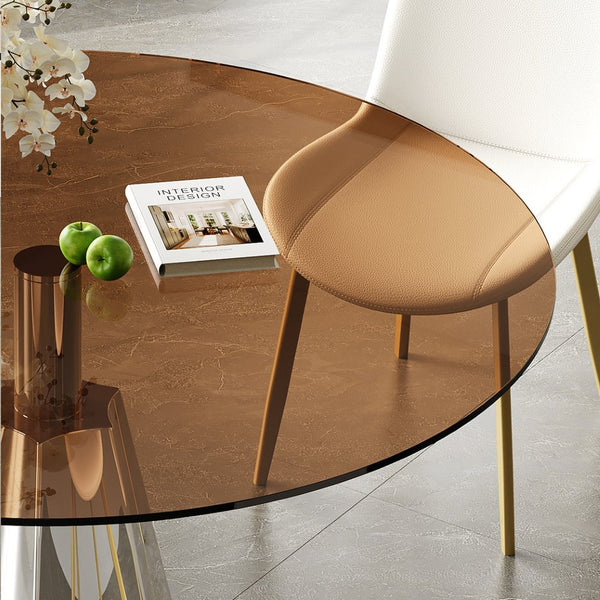 English Elm Compact Round Pedestal Dining Table Black Tempered Glass Mid-century Silver Base W2700S00080