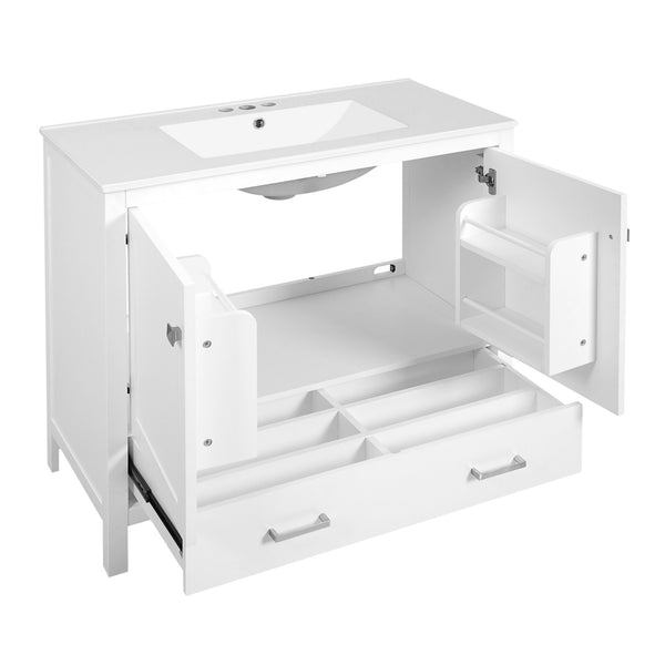 English Elm 36" White Bathroom Vanity with Ceramic Sink, Soft-Close Doors, Divided Drawer & Double Shelves for Organized Modern Bathrooms N729P276609K