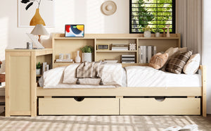 English Elm Twin Corner Daybed Pine Frame Built in Desk Bookcase Drawers Charging Kids Room Natural W697S00042