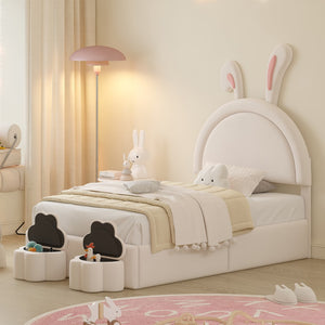 English Elm Twin Size Upholstered Rabbit-Shape Bed With 2 Storage Stools, Velvet Platform Bed With Cartoon Ears Shaped Headboard, White