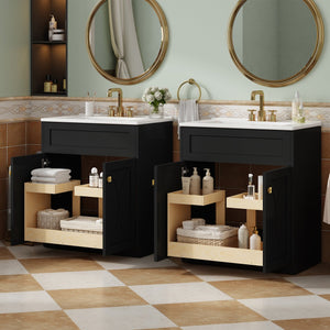 English Elm 60'' Bathroom Vanity Set With Ceramic Sink, Black Freestanding Cabinet, Gold Handles & Soft-Close Doors N710SS00005B
