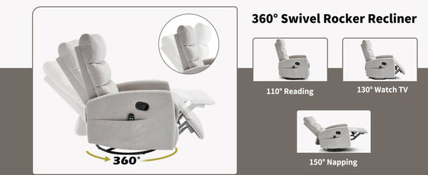 English Elm Heat Massage Rocker Recliner with Swivel Base and Vibration Nodes for Living Room W3224P322250