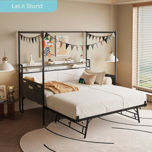 English Elm Twin Metal Daybed with Pull Out Trundle Guardrails Led Lights and Built in Charging W5026P404188