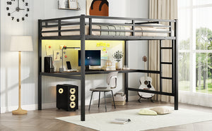 English Elm Metal Full Size Loft Bed with Desk, USB Power & RGB LED Lighting, Space-Saving Black Frame W1580P251091