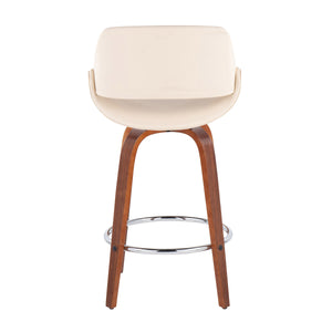 English Elm Fabrico Mid-Century Modern Counter Stool Set Of 2 - Walnut Wood, Cream Faux Leather, Chrome Footrest B202S00254