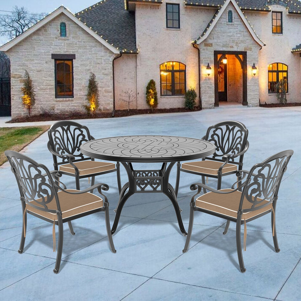 English Elm 5-Piece Cast Aluminum Patio Furniture Set With Brown Cushions For Elegant Outdoor Dining Comfort W1710S00073