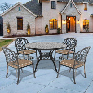 English Elm 5-Piece Cast Aluminum Patio Furniture Set With Brown Cushions For Elegant Outdoor Dining Comfort W1710S00073