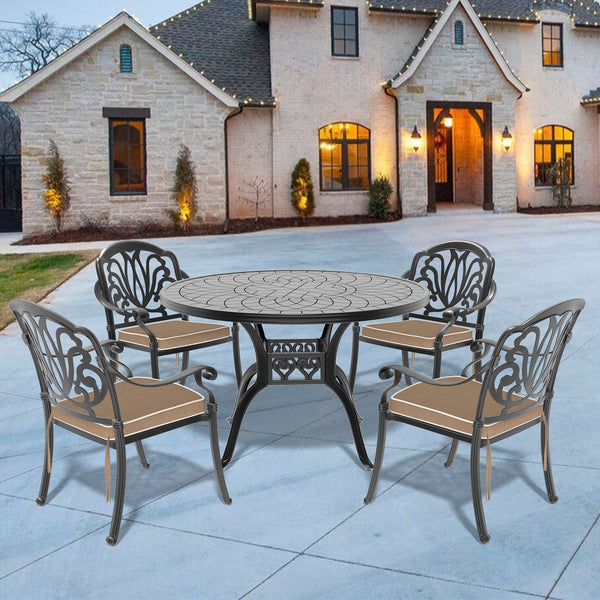 English Elm 5-Piece Cast Aluminum Patio Furniture Set With Brown Cushions For Elegant Outdoor Dining Comfort W1710S00073