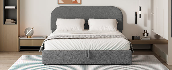 English Elm Teddy Plush Upholstered Platform Bed Queen with Hydraulic Storage, Teddy Fleece Comfort & Sturdy Frame Gray SF000166AAE