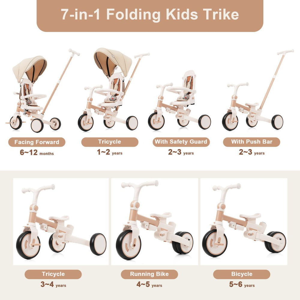 English Elm 7 in 1 Convertible Toddler Trike Aluminum Foldable Push Bike with Canopy for Ages 1 to 6 Light Brown N726P248345B