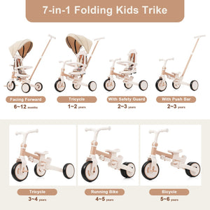 English Elm 7 in 1 Convertible Toddler Trike Aluminum Foldable Push Bike with Canopy for Ages 1 to 6 Light Brown N726P248345B