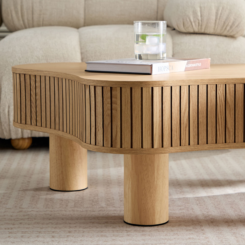 English Elm 42.52 Inch Modern Wooden Handcraft Drum Coffee Table with Irregular Top and Solid Rubberwood Legs, Sturdy Stylish Centerpiece Natural W2582P279956