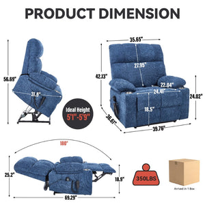 English Elm Dual Motor Power Lift Recliner with Massage Heat and Leatherair Upholstery for Living Room Blue W3224P290205