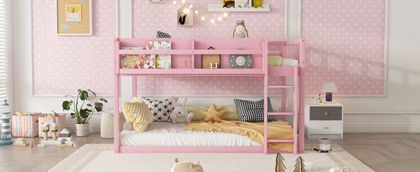 English Elm Low Low Twin Over Twin Bunk Bed with Ladder, Solid Wood Low-Profile Kids Bed Frame, Sturdy Design Pink 81.1 L x 13.58 W x 6.49 H W2593P375491