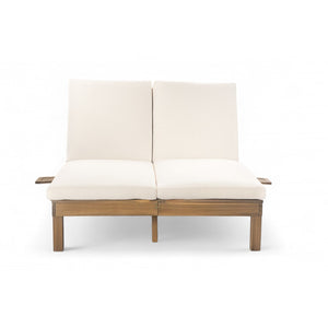 English Elm Trexm Acacia Wood Double Chaise Lounge Outdoor with Folding Trays and Foam Cushions TM000015AAD
