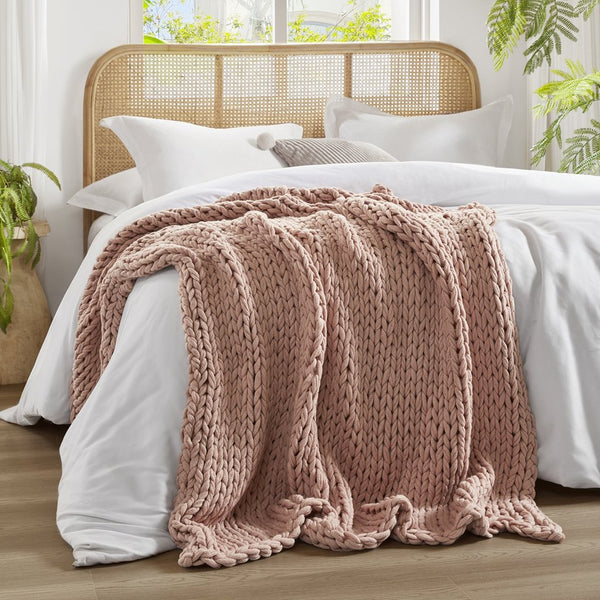 JLA Home Madison Park - Hand Made double-knit throw blanket — ultra-soft, OEKO-TEX certified, durable modern boho accent for home comfort Blush MP50-6137