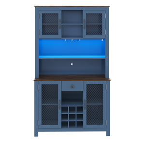English Elm 70.9" Farmhouse Hutch Pantry with Led Lighting Wine Rack Mesh Doors and Built-in Power Navy Blue CH361426AAL