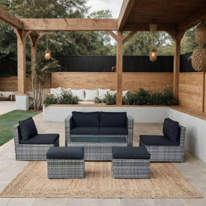 English Elm 6 Piece Patio Wicker Sectional Set with Space-Saving Nesting Design, Steel Frame, Tempered Glass Table and Weatherproof Cushions Grey+Black W329S00054