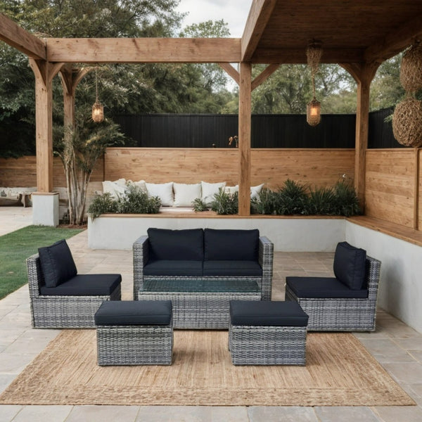 English Elm 6 Piece Patio Wicker Sectional Set with Space-Saving Nesting Design, Steel Frame, Tempered Glass Table and Weatherproof Cushions Grey+Black W329S00054