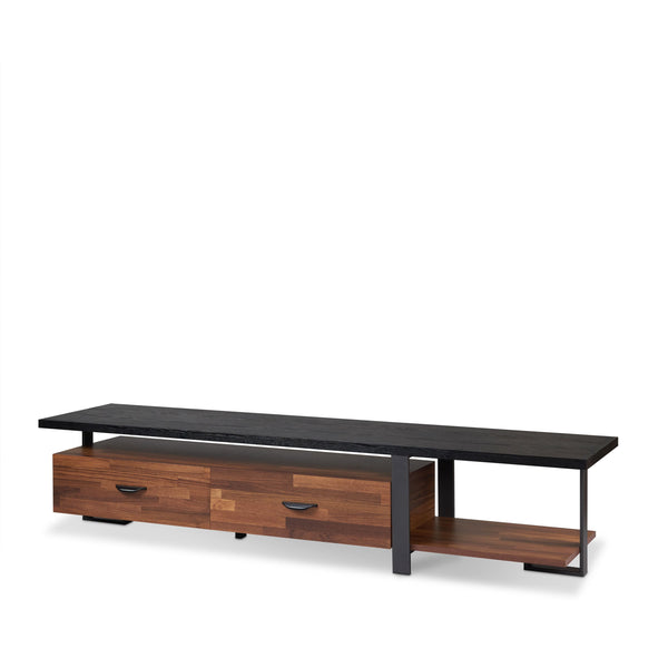 English Elm Elling Walnut & Black TV Stand with Drawers and Open Shelves, Industrial Metal Legs, 55" Ready B2726P256218
