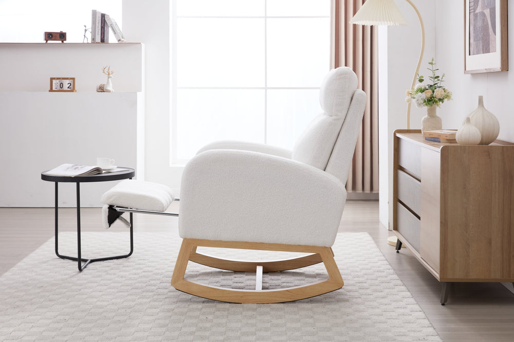 English Elm 015B-Teddy Rocking Chair with Plush Teddy Fabric, Ergonomic High Back, Adjustable Footstool, Pocket White W527P360693