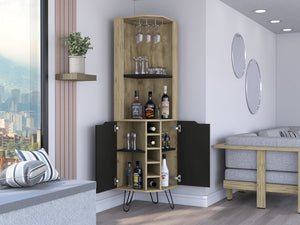 English Elm Corner Corner Cabinet with Six-Bottle Wine Rack, Shelves & Cup Rack in Macadamia/Black — FSC Certified Storage Solution B097S00165