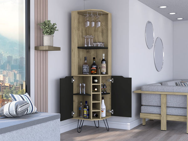English Elm Corner Corner Cabinet with Six-Bottle Wine Rack, Shelves & Cup Rack in Macadamia/Black — FSC Certified Storage Solution B097S00165