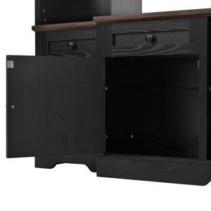 English Elm U-can Farmhouse Wall Unit with Barn Doors Built-in Power Outlets and Open Shelving Black+Brown SJ000154AAB