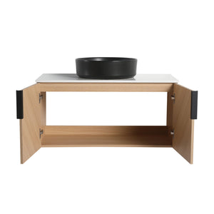 English Elm 36" Bathroom Vanity With Ceramic Vessel Sink & White Stone Top - Modern Wall-Mounted Design, Soft-Close Doors W999S00449
