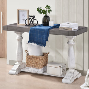 English Elm 30-Inch Pedestal Sofa Table with Rustic Farmhouse Appeal, Weathered Wood Top, Stable Turned Legs, Durable Craftsmanship Antique White,Sandstone W2537P214262