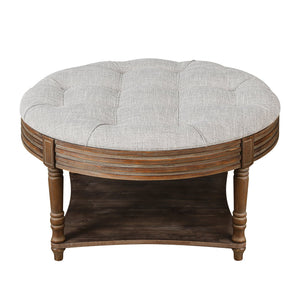 English Elm Large Round Tufted Ottoman Coffee Table with Two-Tier Wooden Shelf Storage, Waterproof Upholstery, Farmhouse Charm Light Gray W1445P235095