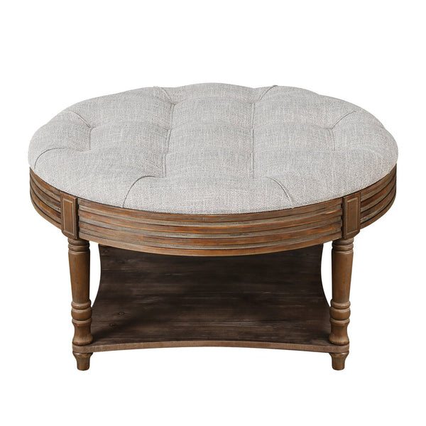 English Elm Large Round Tufted Ottoman Coffee Table with Two-Tier Wooden Shelf Storage, Waterproof Upholstery, Farmhouse Charm Light Gray W1445P235095