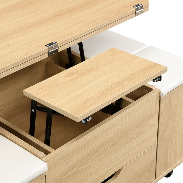 English Elm Christopher Knight Home® - Multi-Functional Lift-Top Coffee Table with Hidden Storage, 4 Stools, Lockable Casters & Desk Space Natural+White N770P309783N