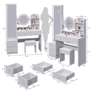 English Elm Full Body Mirror Cabinet with LED Round 17" Vanity Table, Cushioned Stool, 2AC+2USB, Touch 3-Color Brightness Adjustable Large Desktop White W936P160027