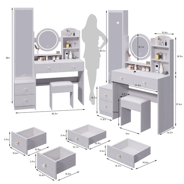English Elm Full Body Mirror Cabinet with LED Round 17" Vanity Table, Cushioned Stool, 2AC+2USB, Touch 3-Color Brightness Adjustable Large Desktop White W936P160027