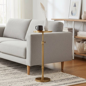 English Elm Morven Adjustable Height Accent Table in Antique Brass — Sleek Round Top, Pedestal Base, 22.25–30" B050P364440