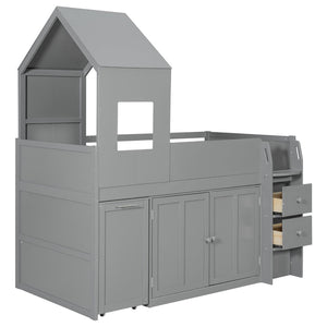 English Elm Twin House Loft Bed with Pull Out Rolling Desk Stair Drawers and Cabinet Storage Gray N820S00072E