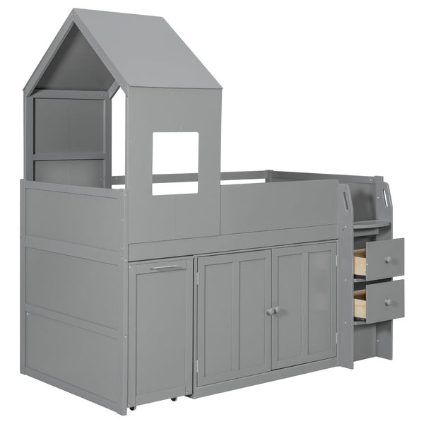 English Elm Twin House Loft Bed with Pull Out Rolling Desk Stair Drawers and Cabinet Storage Gray N820S00072E