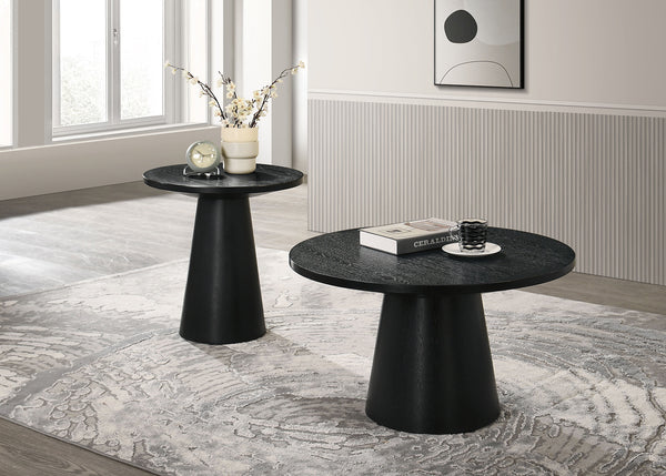 English Elm Unique Cone Base Pedestal End Table Contemporary Round Accent Table Rubberwood & Veneer Durability Black 24 L x 24 W x 4 H B2741S00444
