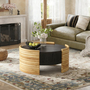 English Elm 31.50" Round Flip-top Storage Coffee Table Fluted Mdf Base for Modern Living Rooms Dark Brown W757P383549