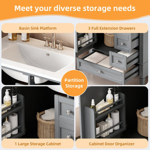 English Elm 30 30 Inch Bathroom Vanity with Ceramic Sink, Modern Compact 3-Drawer Storage Cabinet for Small Baths Grey N710P247499E