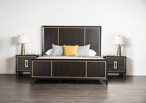 English Elm Bedroom Wooden Queen Bed with High Panel Headboard, Gold Trim Accent, Modern Luxury Design Espresso 25 L x 70 W x 5 H B2741S00072