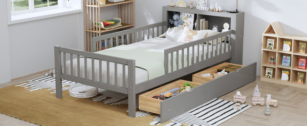 English Elm Twin Size Bed With Headboard Storage, Two Drawers & Safety Guardrails - Stylish Gray Design! N733P272374E-GIGA